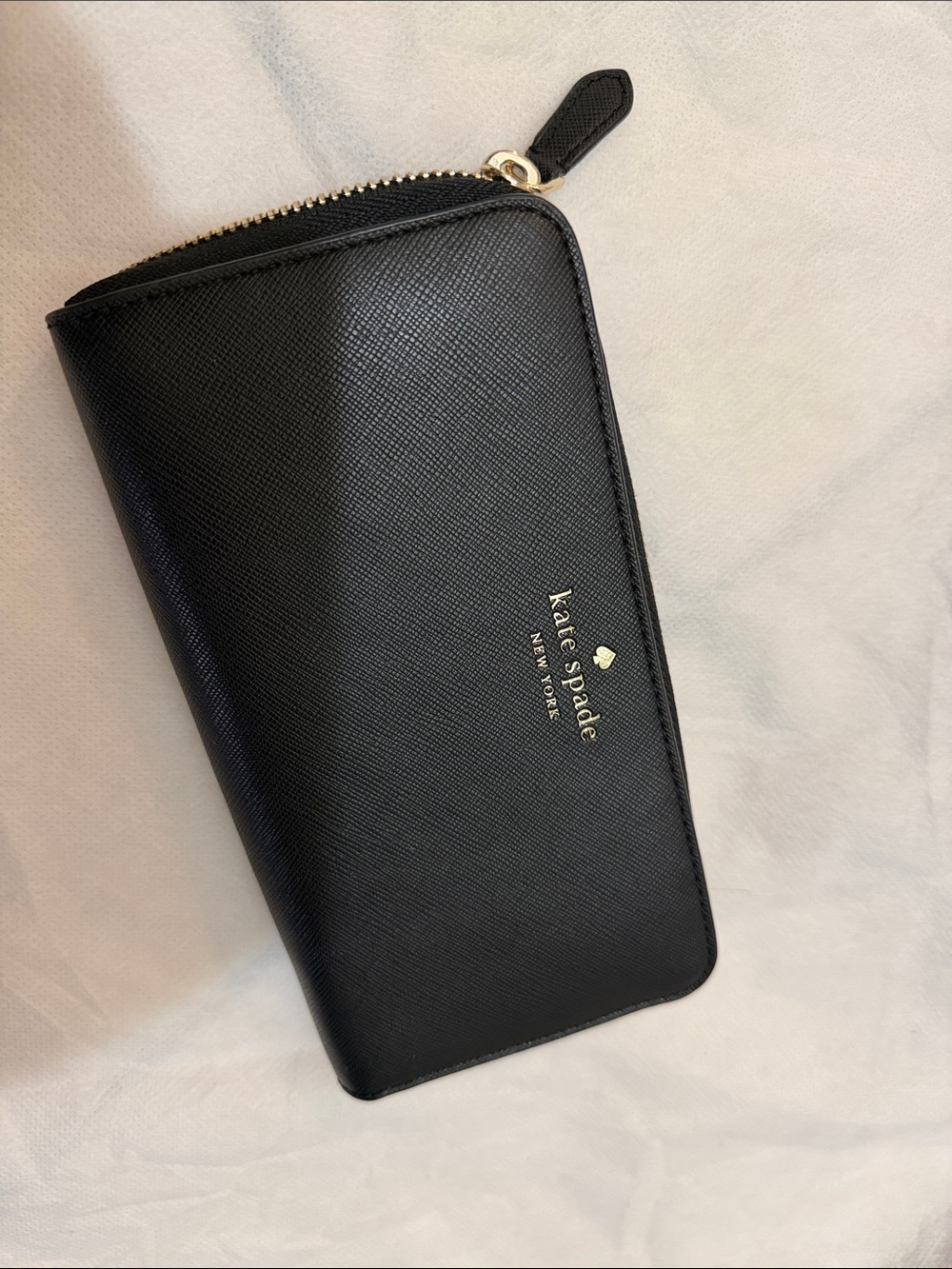 kate spade Black Saffiano Zip-Around Wallet with Gold Logo